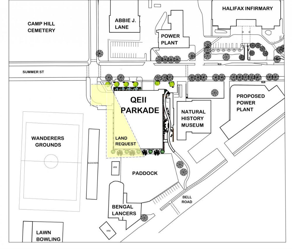 A map issued by the Nova Scotia government for the construction of the QEII Parkade. The yellow area on the map is currently owned by the Halifax Regional Municipality.