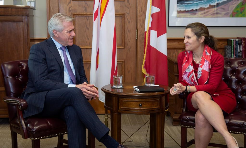 Newfoundland and Labrador Premier Dwight Ball and Deputy Prime Minister and Minister of Intergovernmental Affairs Chrystia Freeland meet in St. John's, N.L. on Tuesday, January 14, 2020.