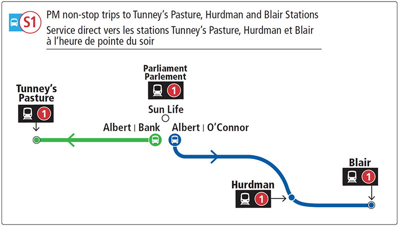 A map of the special bus routes OC Transpo has put in place to help carry riders from downtown Ottawa on weekday afternoons while the LRT system continues to suffer from a shortage of trains.