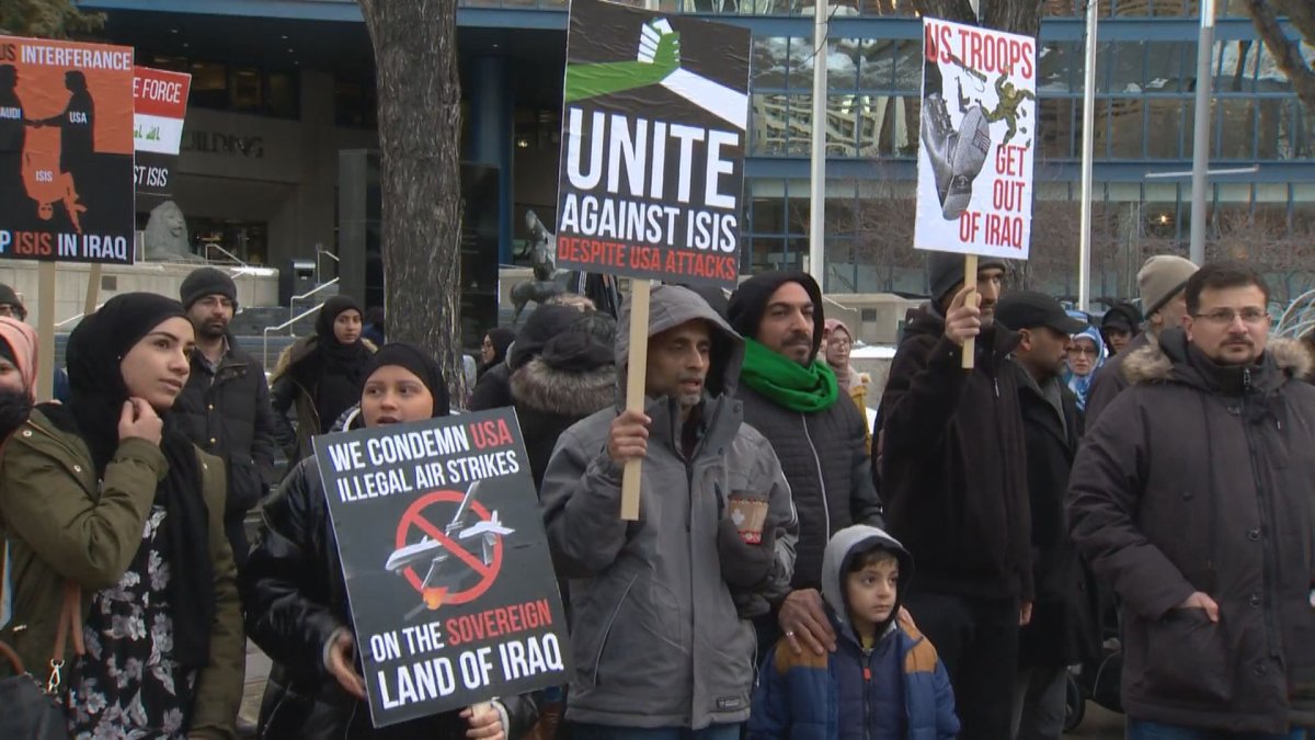 Calgarians turned out to city hall on Saturday, Jan. 4, 2020, to protest a fatal U.S. airstrike on Baghdad earlier in the week.