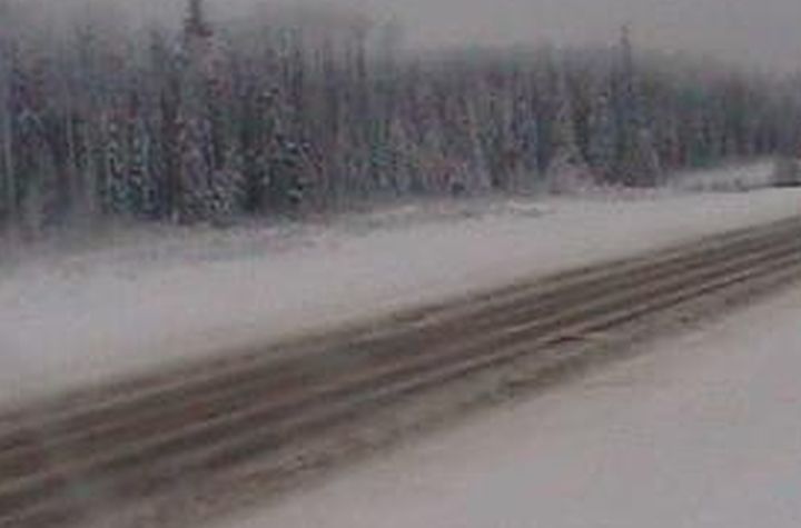 A view of Highway 58, 10 kilometres east of Rainbow Lake, Alta., at 4:53 p.m. on Jan 20, 2020.