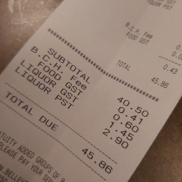 A receipt at Belleville’s showing new health fee.