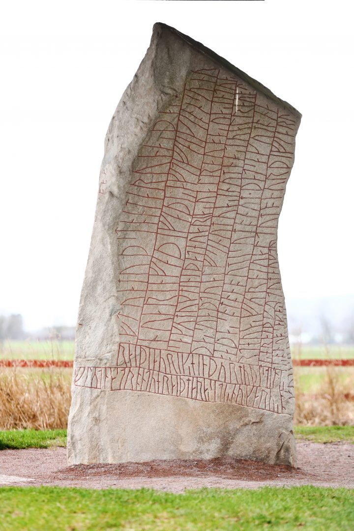 The Viking-era Rök runestone near the Lake Vattern and the town of Odeshog, in Ostergotland, Sweden, on Jan. 9, 2020.