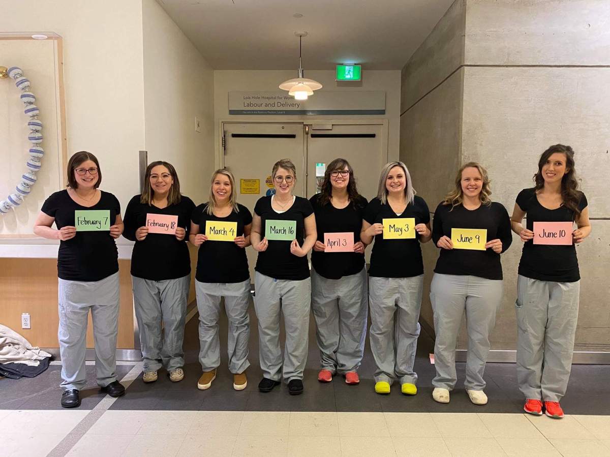 Eight of the 11 pregnant registered nurses working on the Labour and Delivery Unit at the Royal Alexandra Hospital in January 2020.