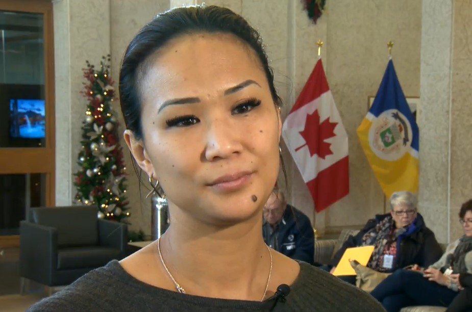 Point Douglas Councillor Vivian Santos speaks to media.