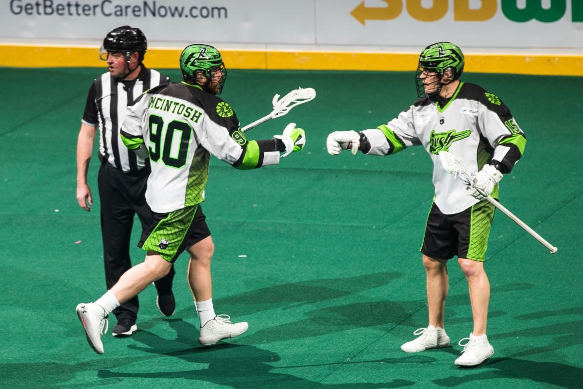 Ben McIntosh had four goals and an assist as the Saskatchewan Rush downed the San Diego Seals 12-9 on in National Lacrosse League play on Sunday, Jan. 12, 2020.