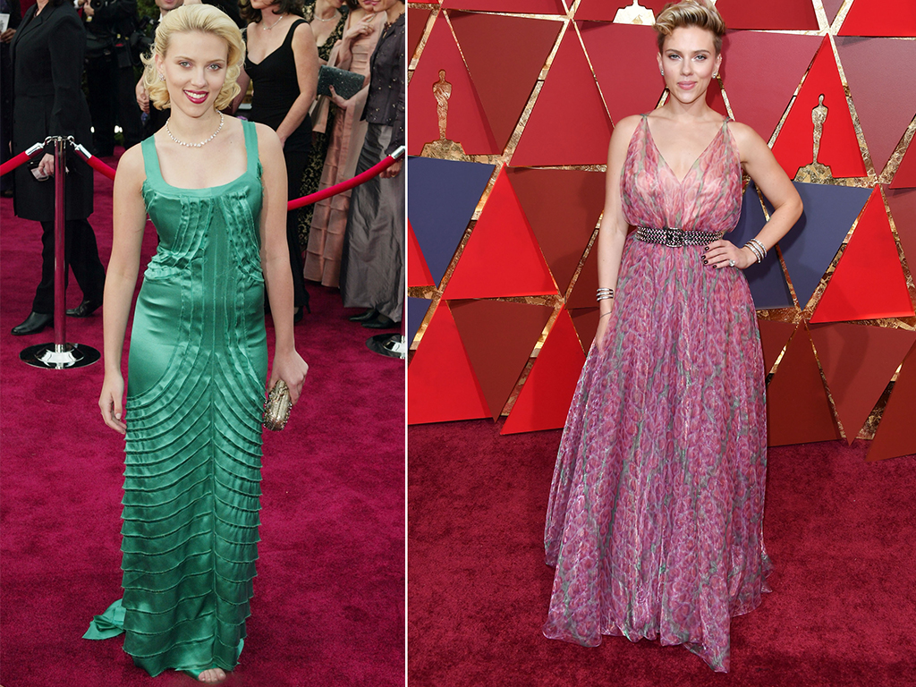 (L-R): Scarlett Johansson attends the 76th Annual Academy Awards in 2004 and the 89th Annual Academy Awards in 2017. (Photo by George Pimentel/FilmMagic/Getty Images)