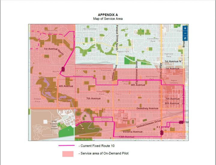 The catchment zone for the Route 10 on-demand transit pilot project.