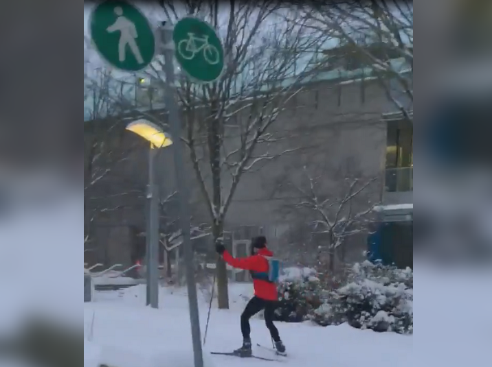 A cross-country skier spotted in an un-plowed Vancouver bike lane on Wednesday.