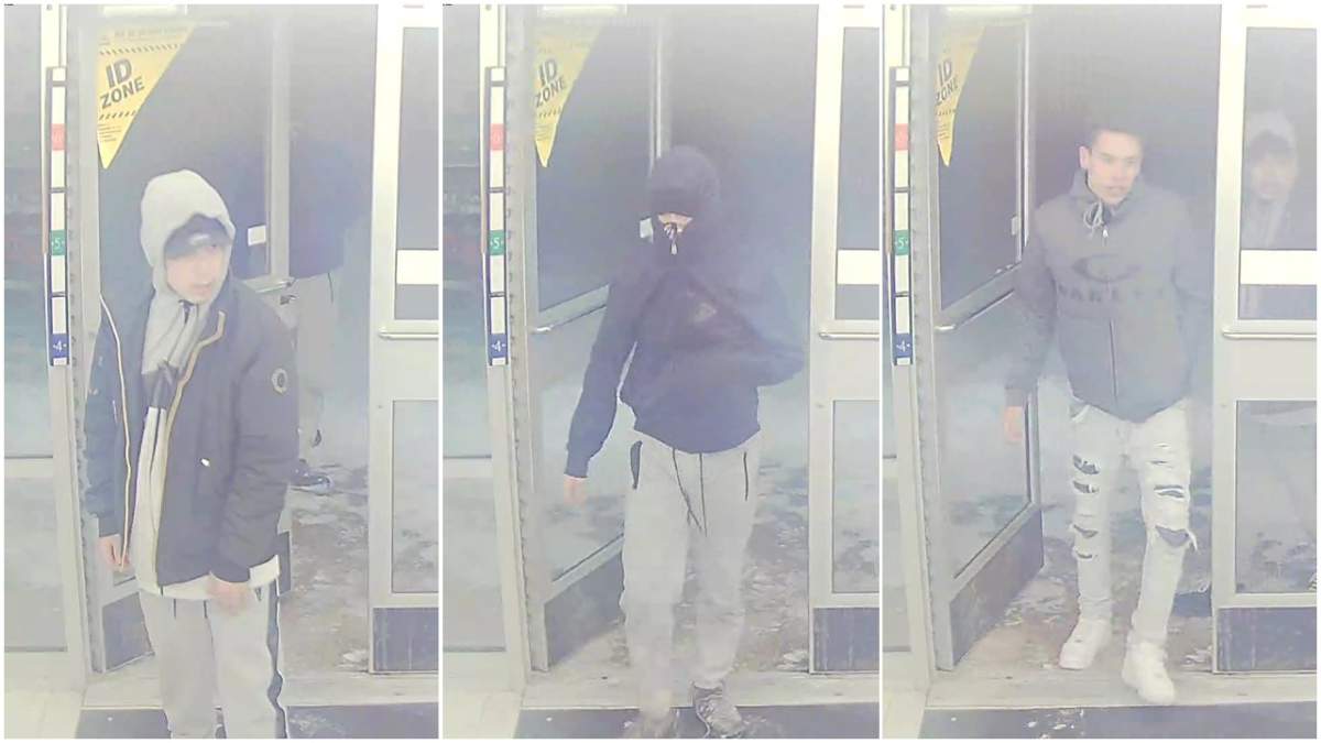 Three of four suspects wanted after a 7-Eleven was robbed in Portage la Prairie early Tuesday.