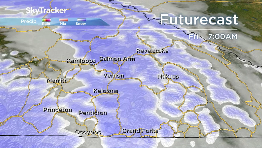 Snow will be falling for your Friday morning commute in the Okanagan.