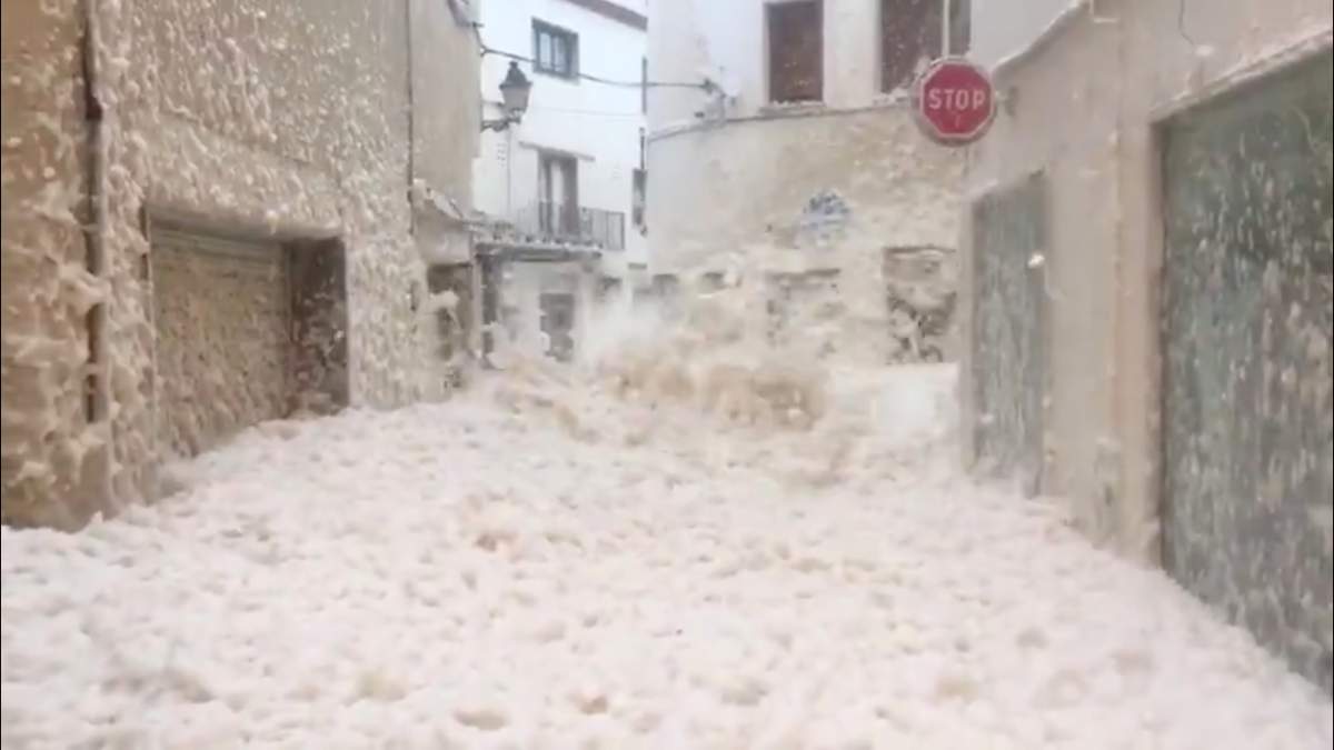 Strong winds blow thick seafoam through the streets of Tossa De Mar, Catalonia, Spain, on Jan. 20, 2020.