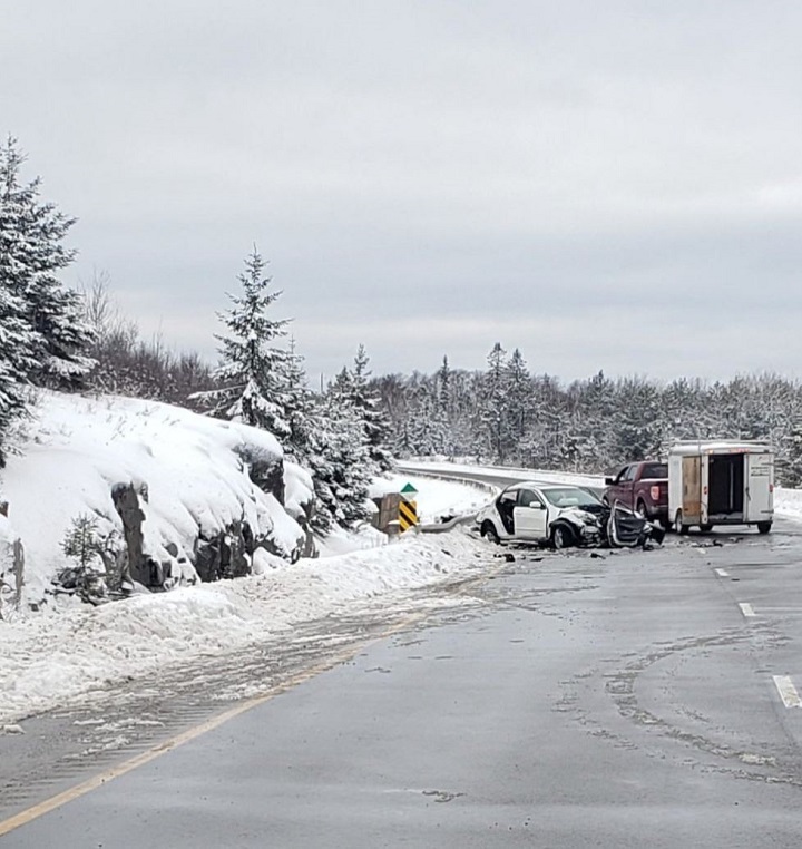 A photo from the OPP Twitter page of the crash scene that killed three children near Sudbury, Ont.
