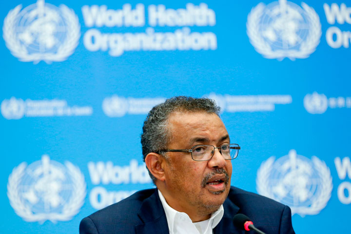 World Health Organization Director-General Tedros Adhanom Ghebreyesus speaks during a press conference following an emergency talks over the new SARS-like virus spreading in China and other nations in Geneva on January 22, 2020.