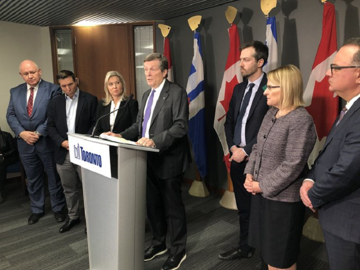 Officials speak after the meeting on Tuesday.