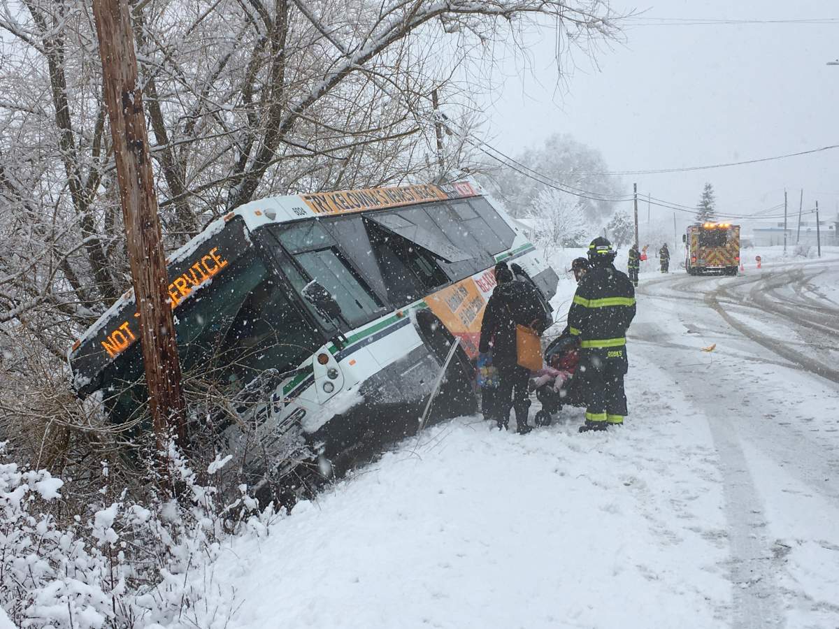 A BC Transit bus lost control in Kelowna on Monday as another round of snow pounded B.C.'s interior. 