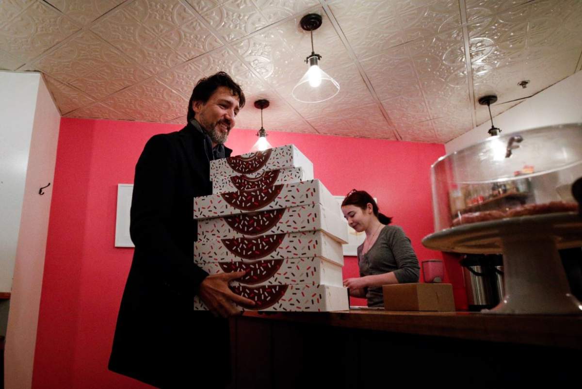 Prime Minister Justin Trudeau picks up doughnuts at local Winnipeg bakery.
