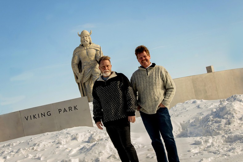 Chris Isfeld and Shawn Bjornsson at Gimli's famous viking statue.