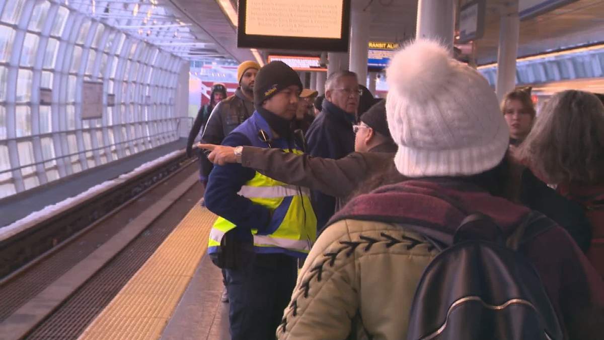 Passengers crowd the Main Street SkyTrain Station platform during a track issue affecting the Expo Line in downtown Vancouver on Jan. 16, 2020.