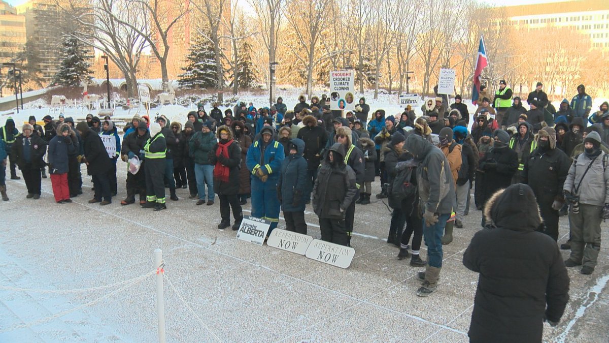 Wexit Canada supporters gather at the Alberta legislature on Saturday, Jan. 11, 2020. 
