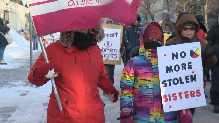 “No more stolen sisters” refers to the amount of missing and murdered Indigenous women in Canada