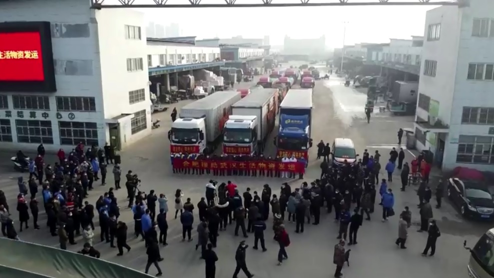 Trucks in Hefei City in eastern China loaded with vegetables for Wuhan.