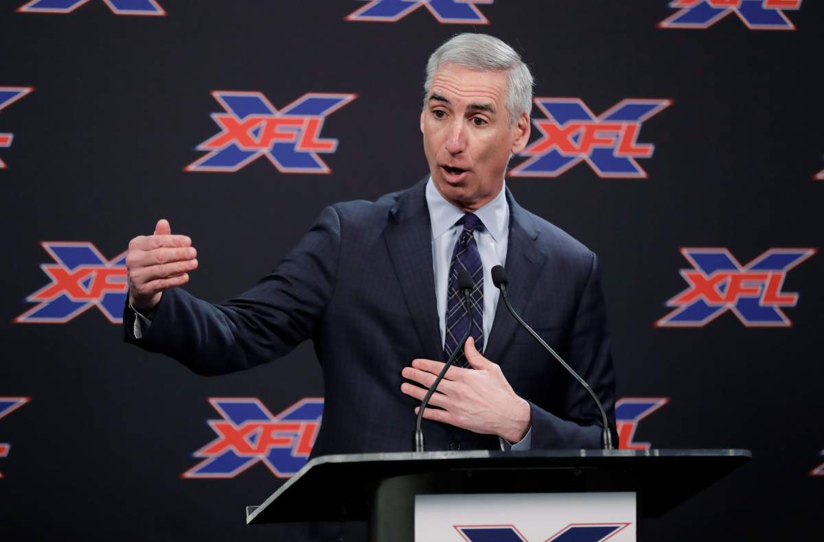 XFL Commissioner Oliver Luck gestures during a news conference in Seattle on Feb. 25, 2019.