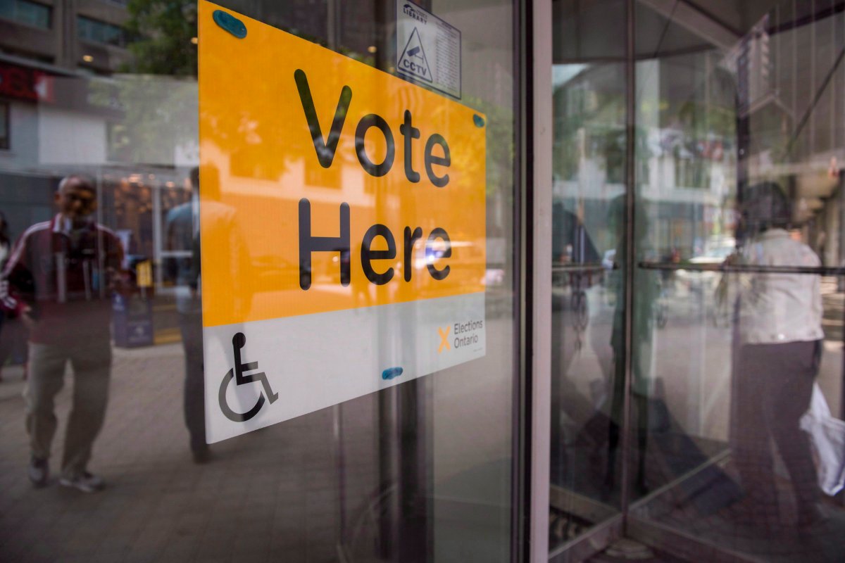 An Elections Ontario sign is seen at University - Rosedale voting location at the Toronto Reference Library on Thursday, June 7, 2018.