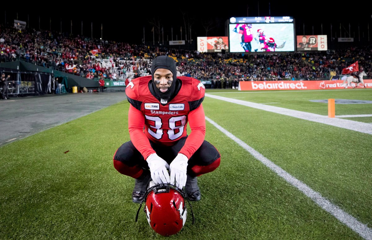Calgary Stampeders running back Terry Williams (38) celebrates a punt return touchdown against the Ottawa Redblacks during the first half of the 106th Grey Cup in Edmonton, Alta. Sunday, Nov. 25, 2018. 