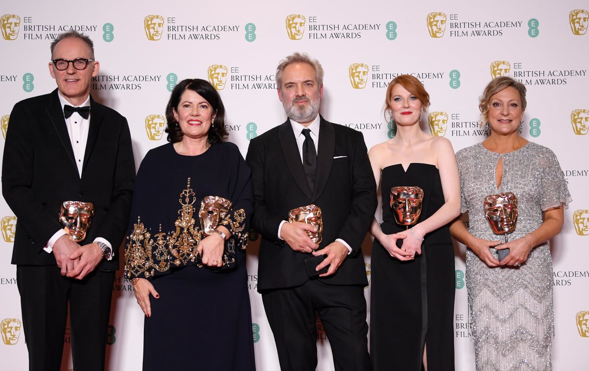 Callum McDougall, Pippa Harris, Sam Mendes, Krysty Wilson-Cairns and Jayne-Ann Tenggren with their awards for Outstanding British Film for '1917' at the British Academy of Film and Television Awards (BAFTA) at the Royal Albert Hall in London, Britain, February 2, 2020. 
