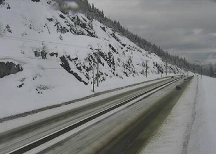 Road conditions at the summit of the Coquihalla Highway on Saturday afternoon. Both the Coquihalla and Highway 3 are projected to receive 15 to 25 cm, starting Sunday through Monday morning.