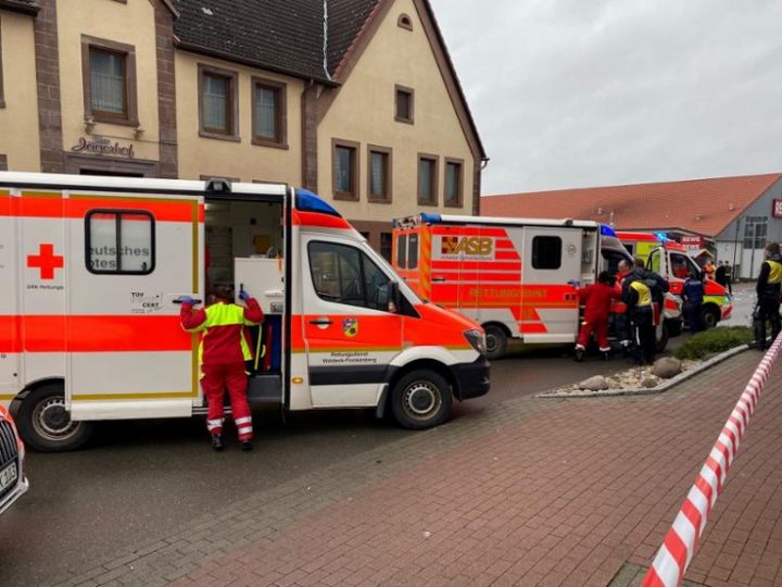 Emergency vehicles at the scene after a car drove into a carnival parade injuring several people in Volkmarsen, Germany, Feb. 24, 2020.   