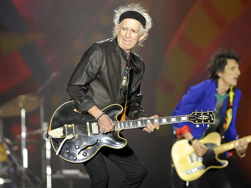Keith Richards (L) and Ron Wood (R) of The Rolling Stones perform during their concert at Estadio Unico Stadium in La Plata, Buenos Aires, Argentina, on Feb. 7, 2016.