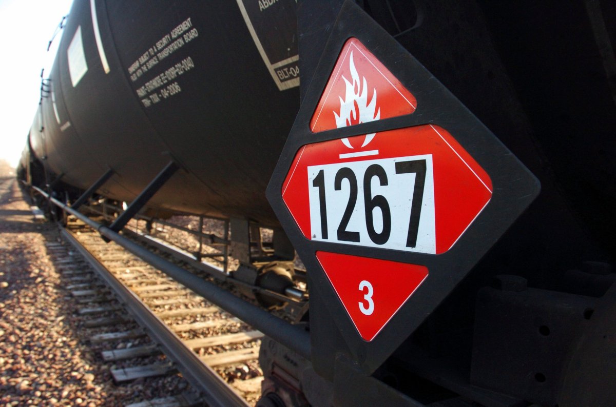 FILE - This Nov. 6, 2013, file photo, shows a warning placard on a tank car carrying crude oil near a loading terminal in Trenton, N.D. 