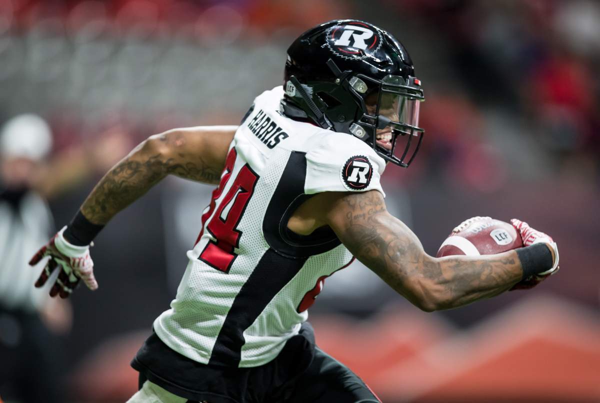 Ottawa Redblacks' R.J. Harris runs with the ball after making a reception during the first half of a CFL football game against the B.C. Lions in Vancouver, on Friday September 13, 2019.