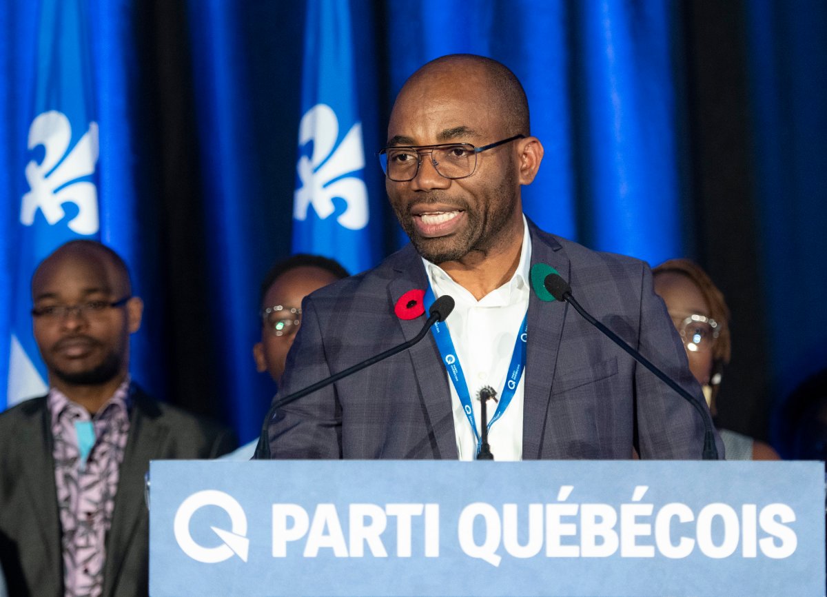 FILE -- Elected Parti Quebecois president Dieudonne Ella Oyono speaks at a Parti Quebecois extraordinary congres.