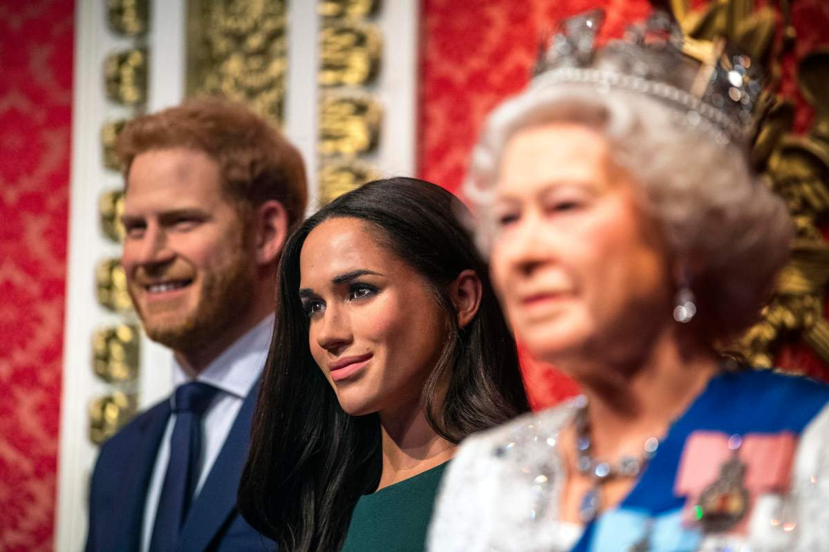 The figures of the Duke and Duchess of Sussex in their original positions next to Queen Elizabeth II, as Madame Tussauds London moved its figures of the couple from its Royal Family set to elsewhere in the attraction.