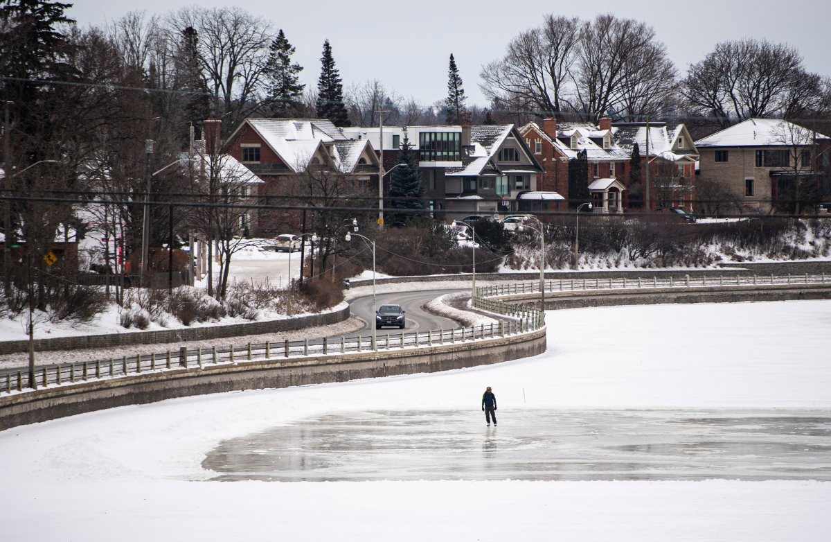 A skater skates on a section of the Rideau Canal Skateway in Ottawa on the opening day of its 50th season, on Saturday, Jan. 18, 2020.