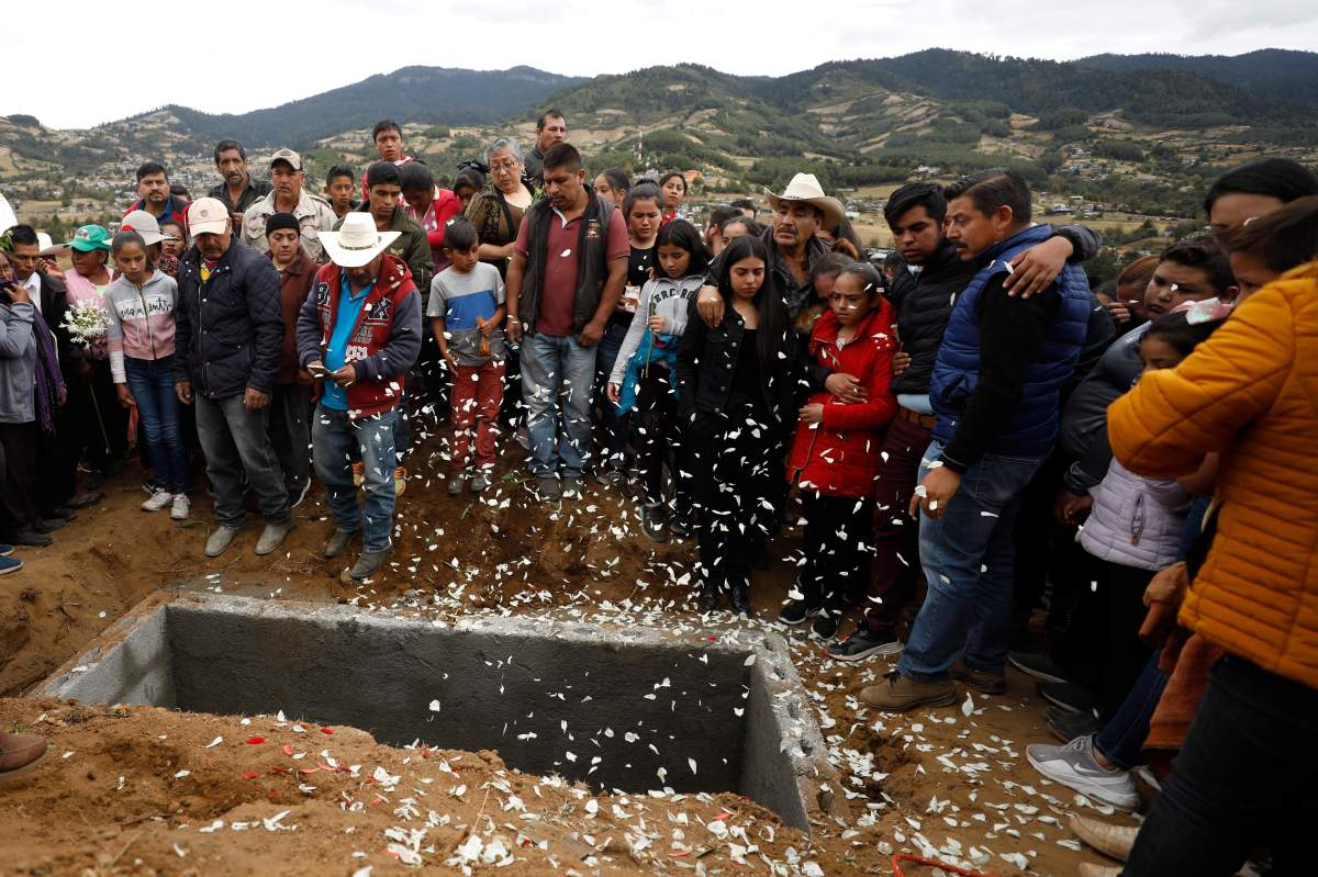 Flower petals fall as family and friends grieve around the grave of community activist Homero Gomez Gonzalez in Ocampo, Michoacan state, Mexico, Friday, Jan. 31, 2020.