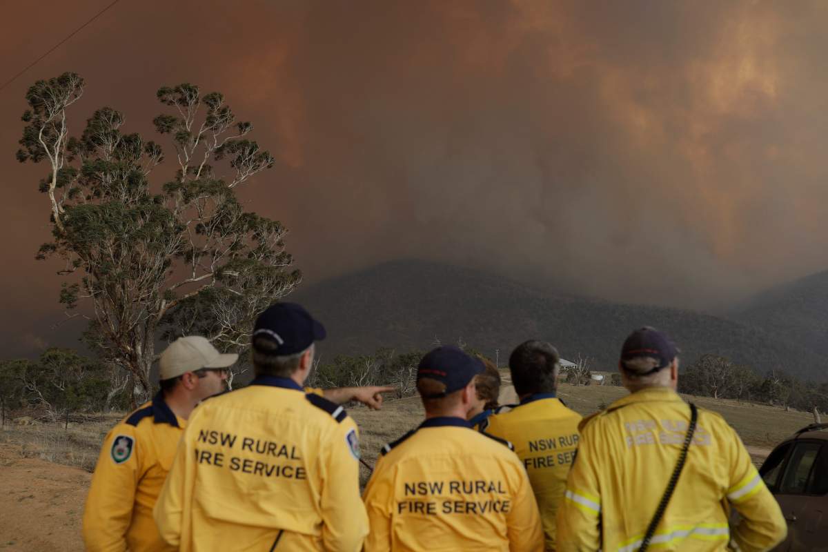 Members of the Goulburn Valley Strike Force Rural Fire Service (RFS) monitor the Clear Range Bushfire near Colington, New South Wales, Australia, Feb. 1, 2020.
