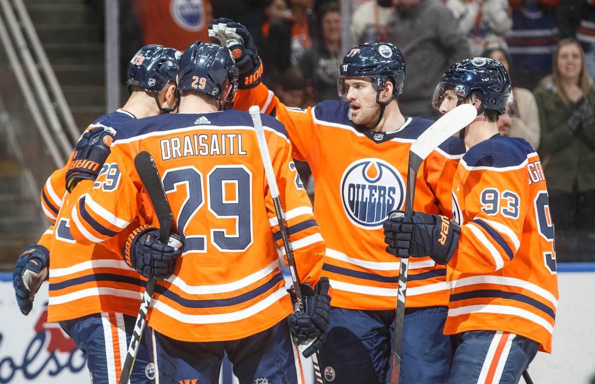 Edmonton Oilers celebrate a goal during second period NHL action against the Nashville Predators, in Edmonton, Saturday, Feb. 8, 2020. THE CANADIAN PRESS/Jason Franson.