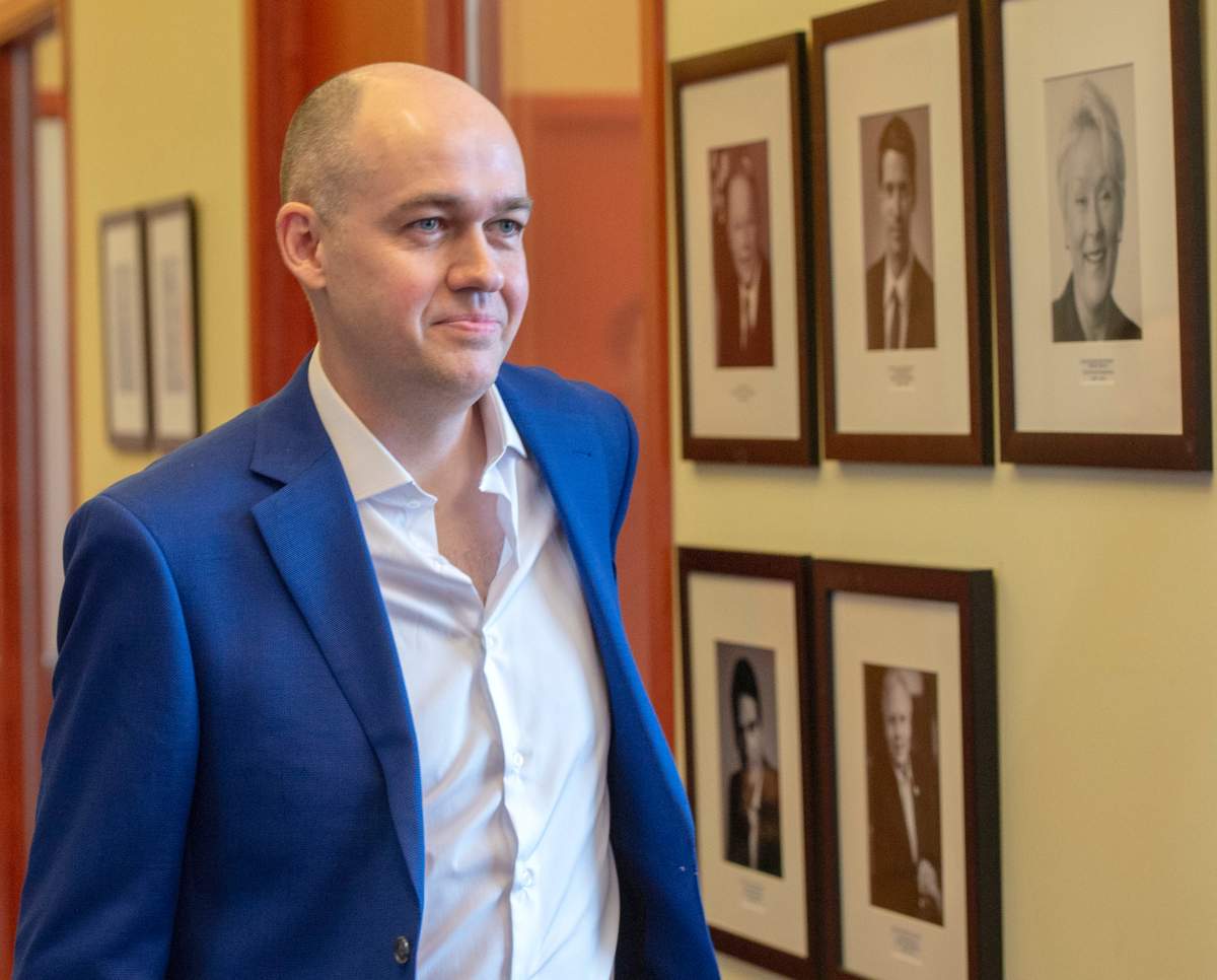 Quebec comedian Guy Nantel speaks to the media after announcing his candidacy for the leadership of the Parti Quebecois Thursday, February 13, 2020 in Montreal.