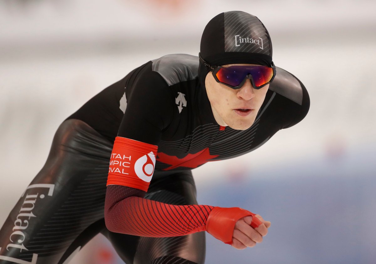 Graeme Fish of Canada skates to a first place finish in the Men's 10,000m race at the ISU World Single Distances Speed Skating Championships in Salt Lake City, USA, 13 February 2020.  