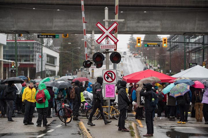 Protesters blockade CN Rail tracks in Vancouver, B.C., Saturday, Feb. 15, 2020.