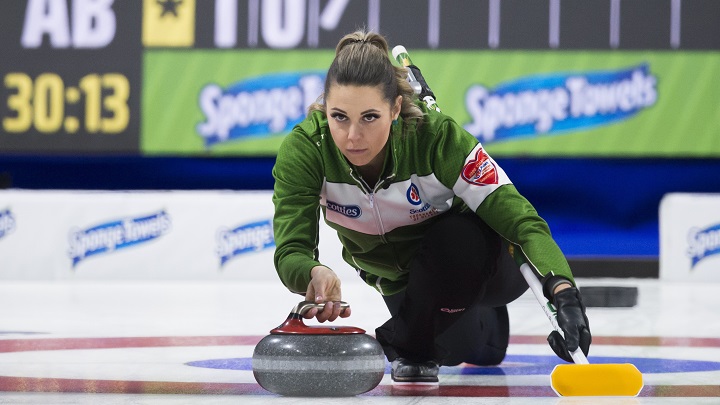 Team Saskatchewan skip, Robyn Silvernagle makes a shot during draw 8 against team Alberta at the Scotties Tournament of Hearts in Moose Jaw, Sask., Feb.17, 2020. 