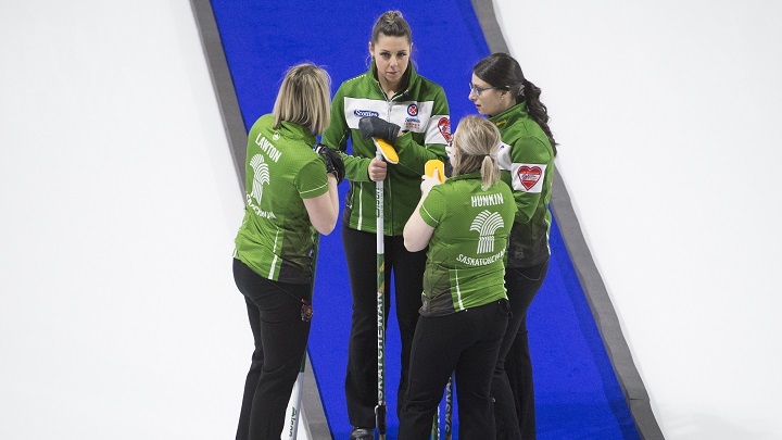 Team Saskatchewan skip, Robyn Silvernagle speaks with her teammates during draw 10 against team Quebec at the Scotties Tournament of Hearts in Moose Jaw, Sask., Feb. 18, 2020 .