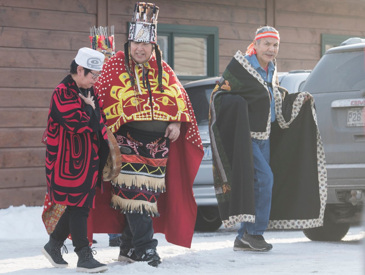 Chiefs leave a meeting between Wet'suwet'en hereditary chiefs and Mohawk leaders on the Kahnawake Mohawk Territory south of Montreal, Saturday, February 22, 2020. 