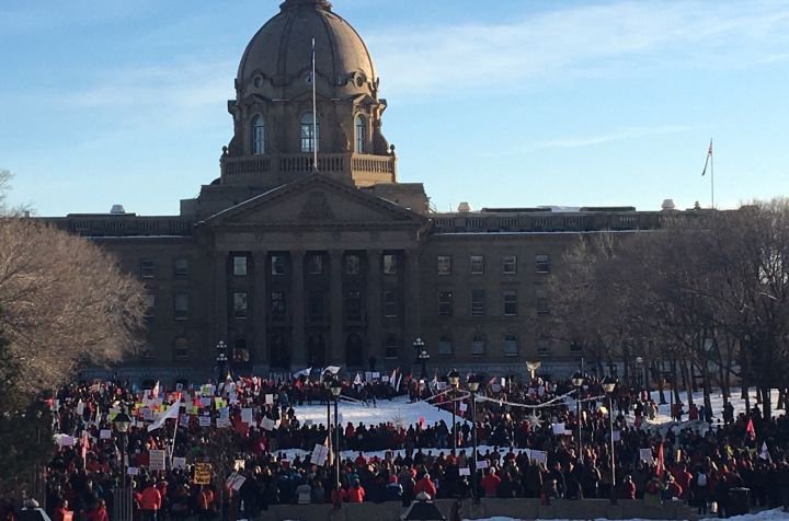 As Premier Jason Kenney’s UCP government was tabling its 2020 budget at the Alberta legislature on Thursday afternoon, protesters were outside to rally in support of the province’s public sector workforce.