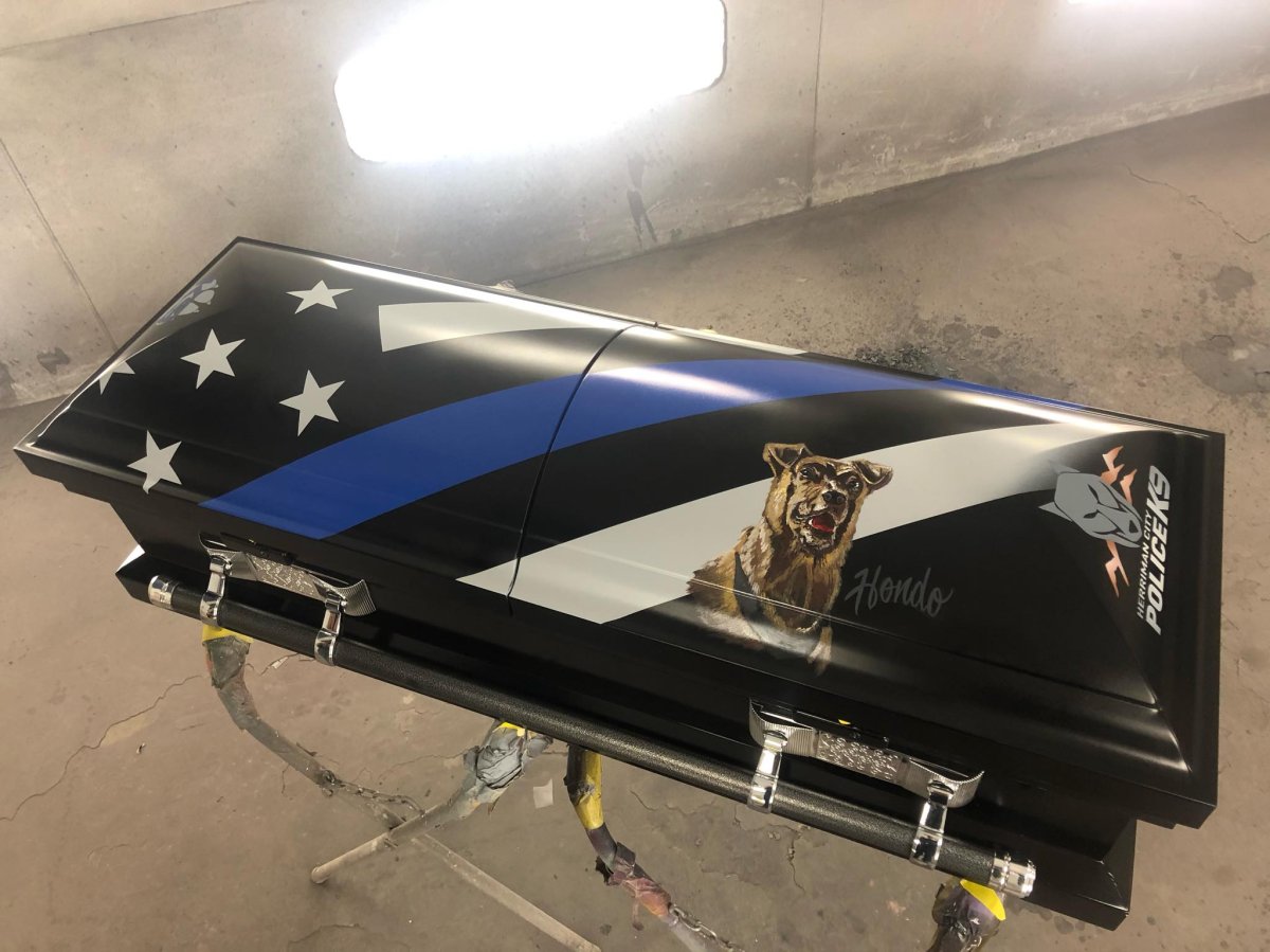 Rawtin Garage in Utah created a custom casket for Hondo, a police K-9 who was killed in the line of duty.