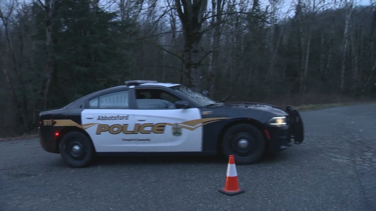 Abbotsford police arrive at the scene of a dead body discovery just off Sumas Mountain Road on Feb. 16, 2020.